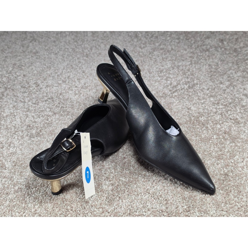 A New Day Samantha Black Slingback Pointed Toe Kitten Heels Gold Detail Womens 7 - Picture 3 of 6